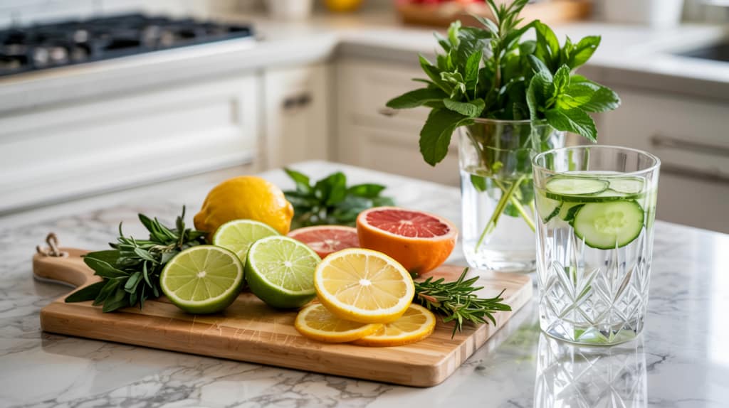 Sliced citrus fruits and herbs on a wooden board beside a glass of cucumber water and fresh mint—simple, natural ways to smell fresh—set on a marble kitchen counter with stove and cabinets in the background.