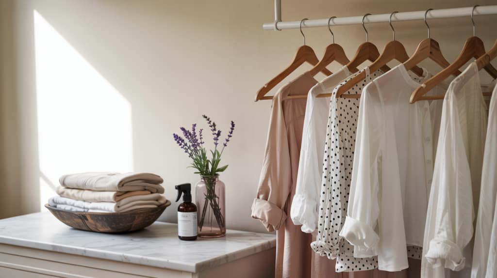 A row of neutral and white blouses on wooden hangers hangs from a rail. Nearby, folded linens, a cleaning spray bottle, and a vase with lavender showcase natural ways to smell fresh in this softly lit room.