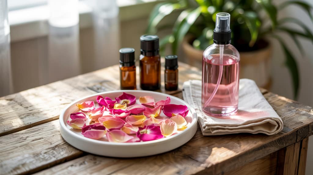 A bowl of pink and yellow rose petals, amber glass bottles, and a clear spray bottle with pink liquid sit on a wooden table beside a folded cloth—natural ways to smell fresh. Sunlight streams in, with a green plant in the background.