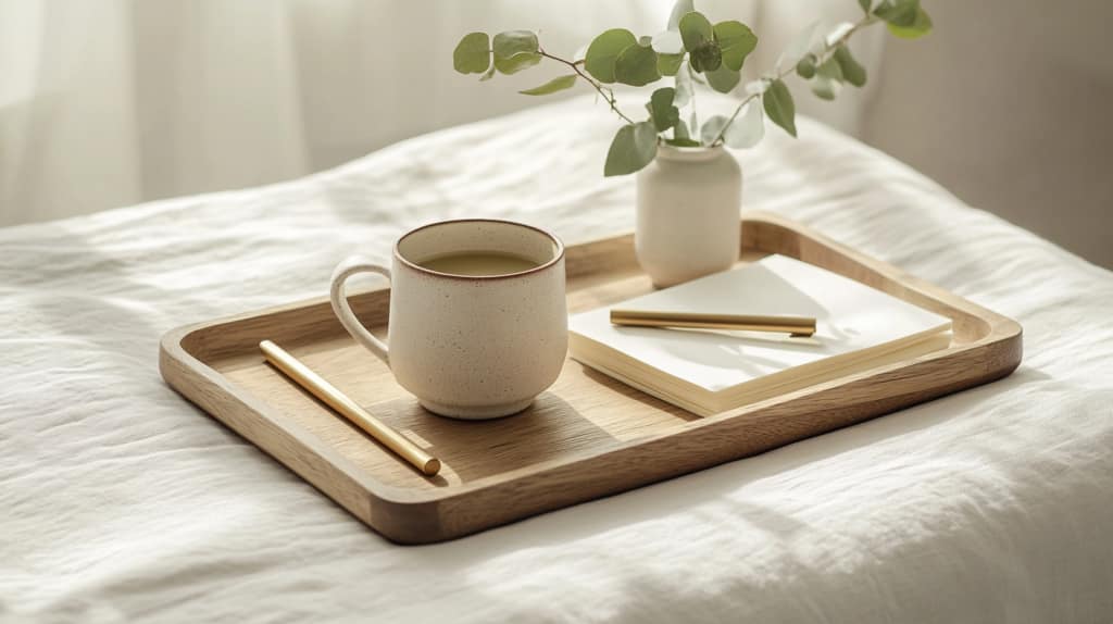 Serene morning scene with clean girl lifestyle featuring matcha latte, journal and eucalyptus on linen bedding
