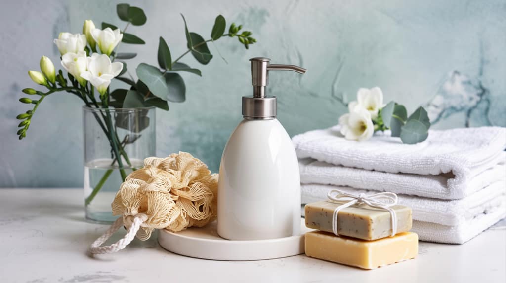 A bathroom counter displays a white soap dispenser, a loofah, two bars of soap, stacked white towels, and a vase with white flowers—showcasing natural ways to smell fresh against a soft blue background.