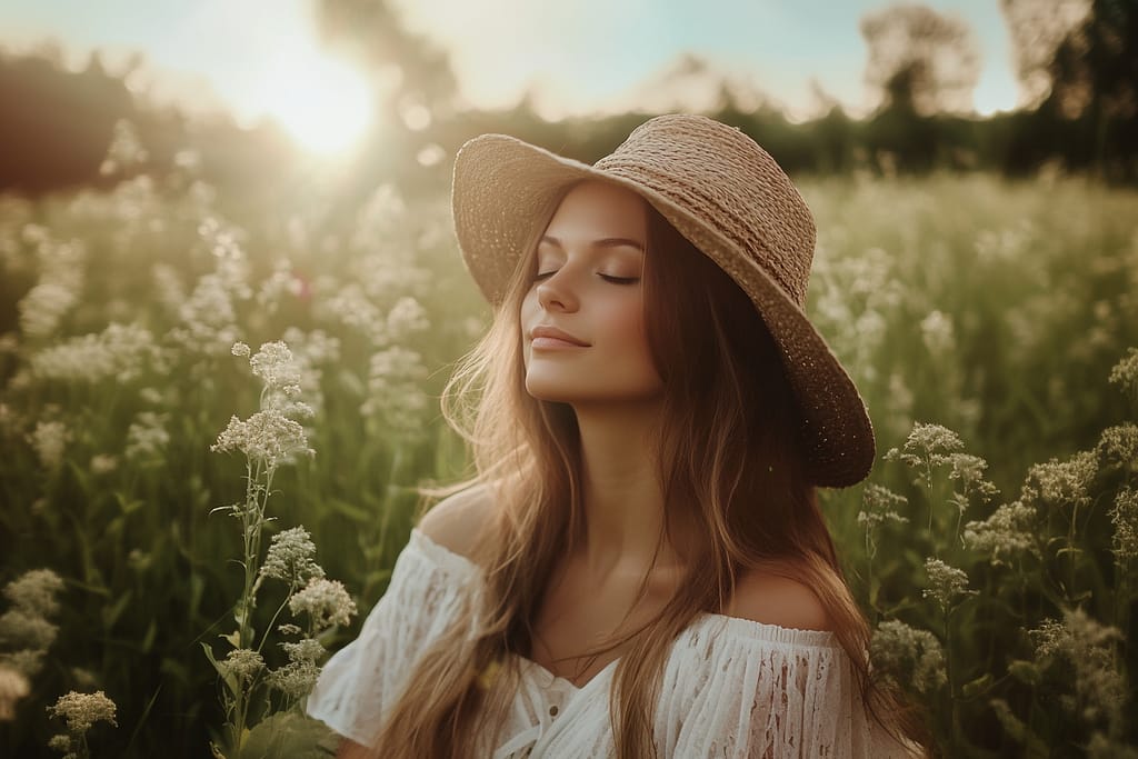 In a field of wildflowers, a woman with long hair and a straw hat stands in an off-shoulder white dress.