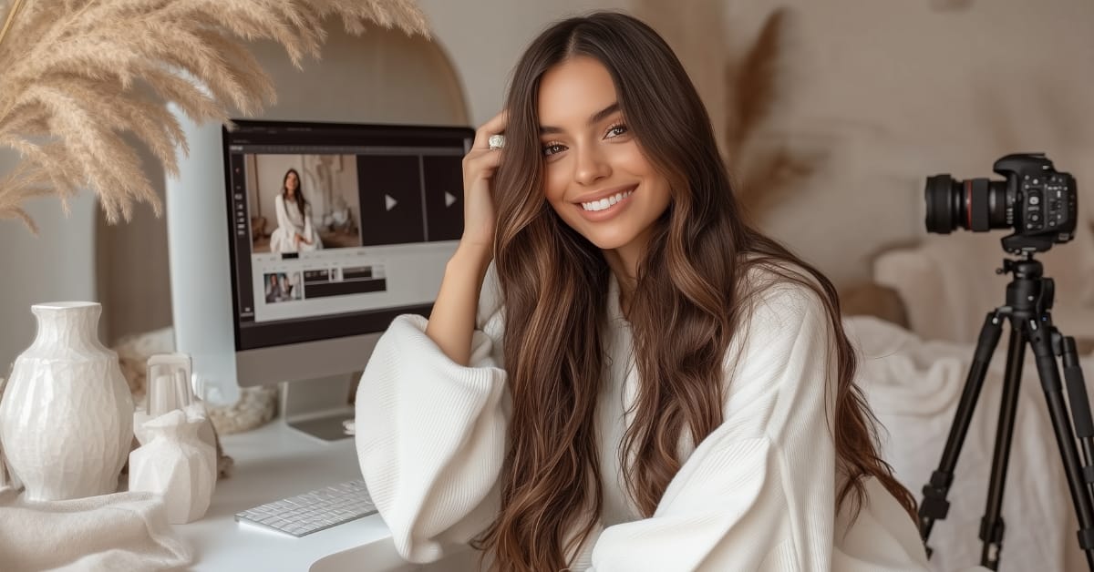 A woman with long brown hair, wearing a white robe, smiles while sitting at a desk editing videos&mdash;crafting her intentional online presence. A camera on a tripod and decorative vases add charm to the cozy, well-lit room.