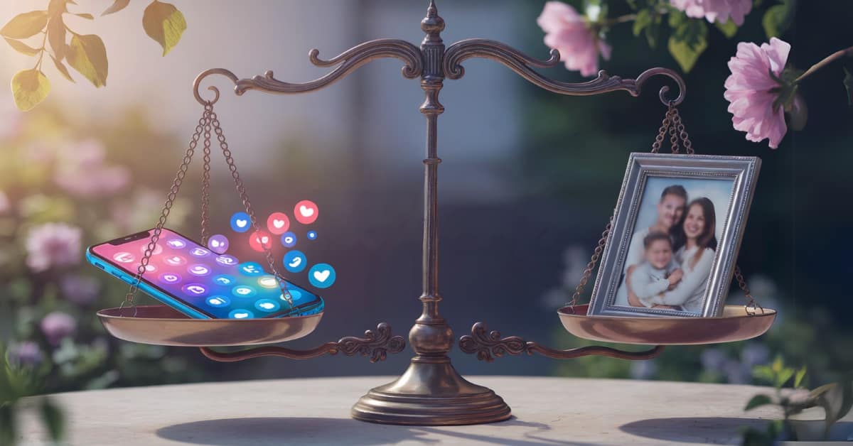 In a garden adorned with pink flowers, a balance scale holds a smartphone on one side, buzzing with social media notifications. Opposite, a framed family photo sits serenely. This scene artfully depicts the quest for finding balance between technology and real-world relationships.