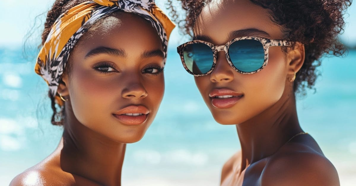Two young women with glowing skin showcase Summer Makeup Looks For Melanin Skin as they stand close together on a sunny beach. One wears a yellow patterned headband, the other sports curly hair and stylish sunglasses, with the ocean and sky blurred in the background.
