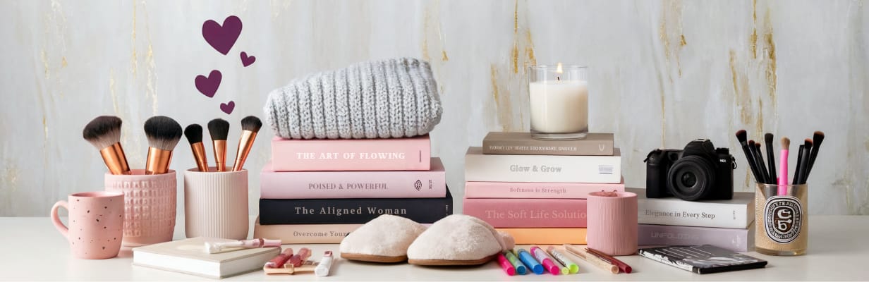 A cozy desk setup with curated favorites for intentional living—stacked books, a folded sweater, makeup brushes, a mug, slippers, pens, a camera, a candle, and hearts on the wall—creating a warm and creative workspace.