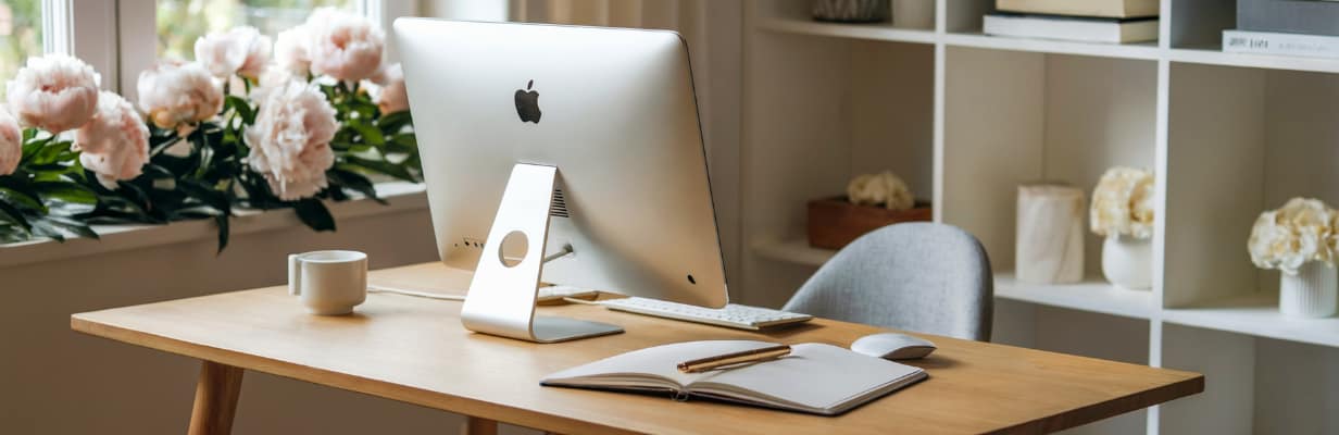 A minimalist workspace embodies intentional living, with an iMac on a light wooden desk. An open notebook with a pen, a white cup, and a mouse complete the scene. White shelves hold books and decor, while pink flowers in a vase on the window sill invite natural light.