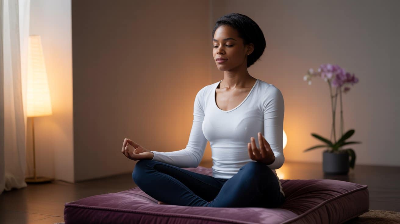 A woman sits cross-legged on a cushion indoors, meditating with her eyes closed and hands resting on her knees, focusing on energy protection. The softly lit room features a lamp and an orchid in the background.