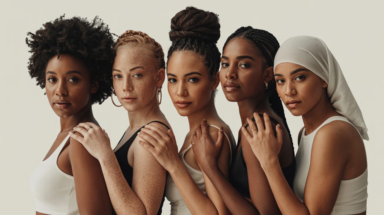 Five women standing close together in a line, each with different hairstyles and skin tones, wearing neutral-toned tank tops and MLBB lipstick for melanin-rich skin, hands resting on each others shoulders against a plain background.