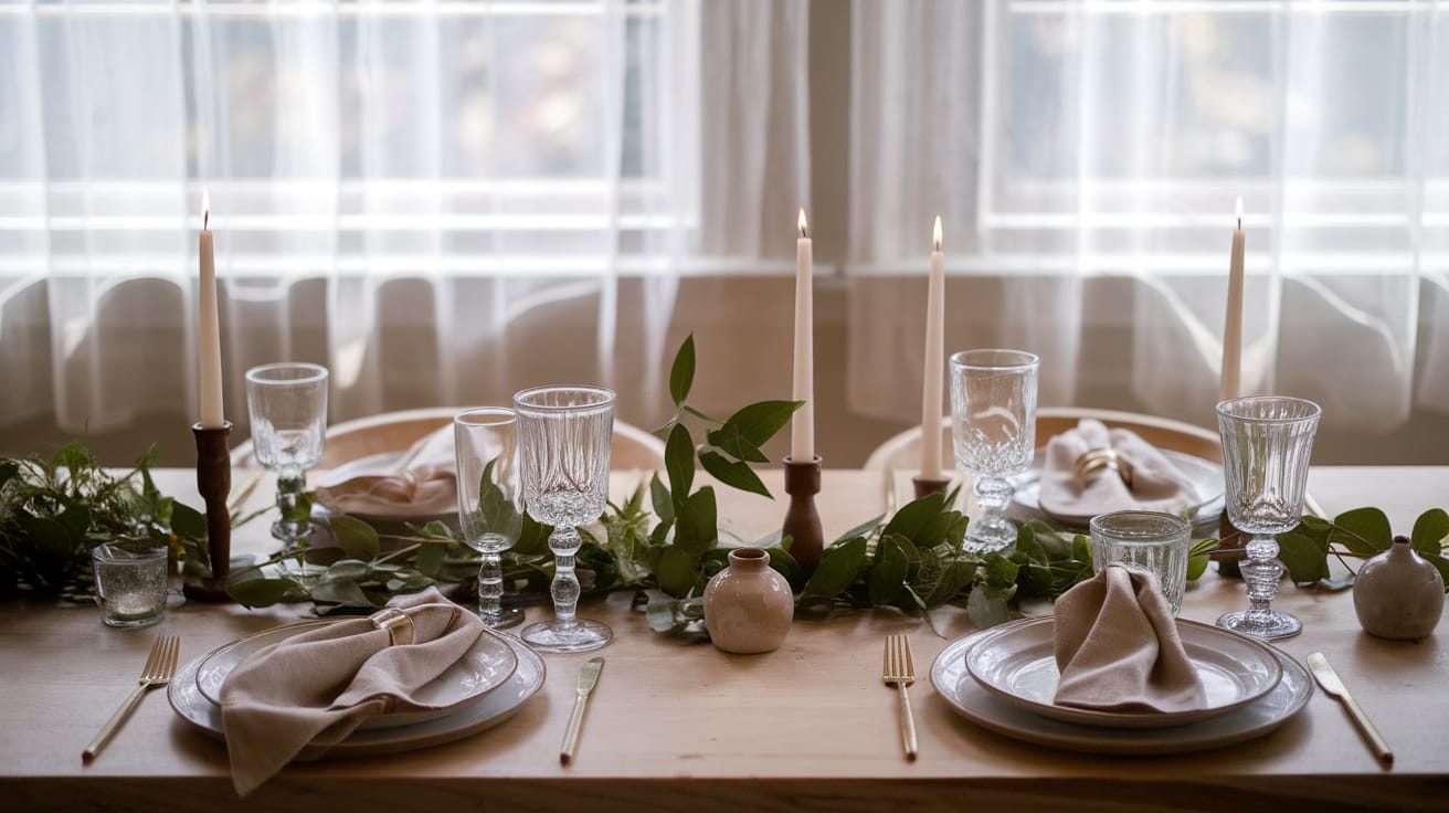 A serene morning scene with golden sunlight streaming through sheer curtains onto a beautifully arranged breakfast tray holding a French press, linen napkin, and single fresh flower in a bud vase. The scene conveys affordable luxury through thoughtful presentation rather than expensive items. --ar 16:9