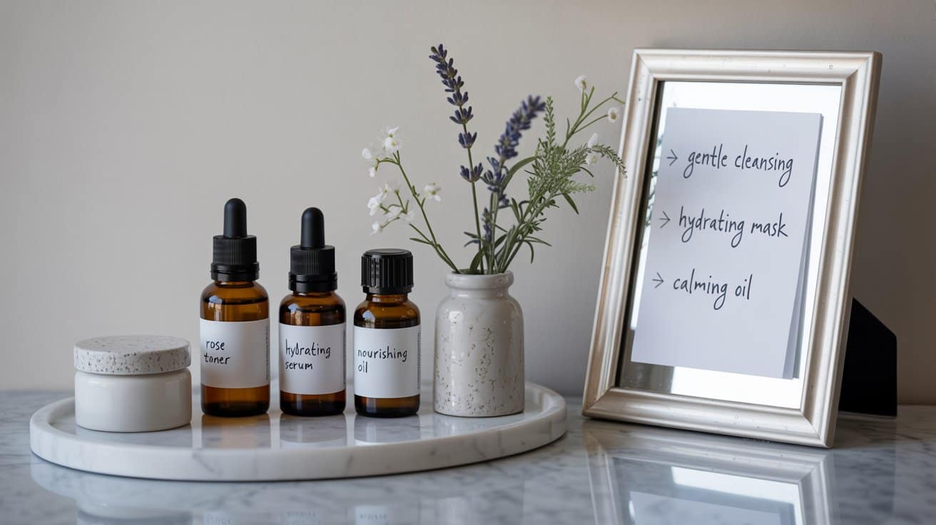 A marble tray holds amber skincare bottles, a white jar, and a small vase with lavender and white flowers. A framed sign beside them lists “gentle cleansing, hydrating mask, calming oil” in handwritten text.
