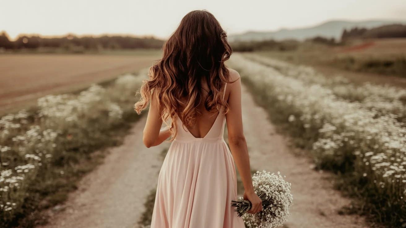 A woman with long, wavy hair wearing a backless pink dress walks down a flower-lined dirt path, bouquet in hand&mdash;an idyllic moment perfect for a faith lifestyle blog, with fields and mountains stretching behind her.