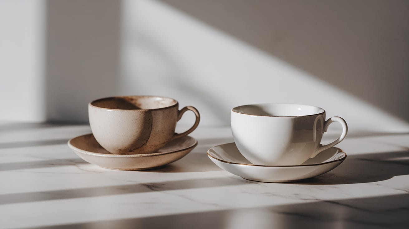 A minimal scene where two similar teacups sit side by side on a marble surface in soft morning light. One cup appears more worn and loved, while the other is pristine and untouched, symbolizing the contrast between authentic desires and those we adopt from others. The composition features negative space with subtle neutral tones and gentle shadows creating depth.