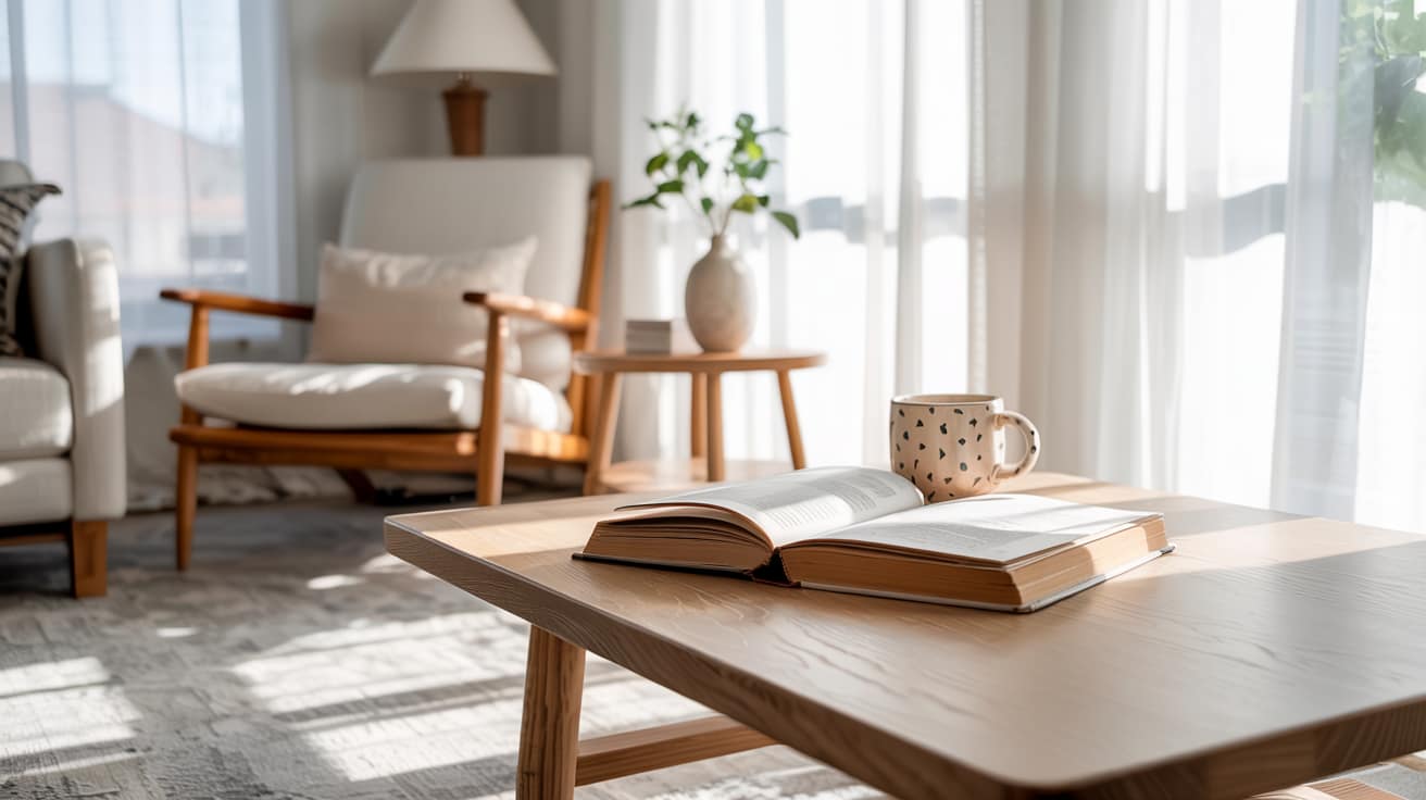 A bright, airy living space with minimal furnishings featuring only beautiful, functional pieces. Natural light streams through sheer curtains, highlighting clean surfaces and a few carefully selected decorative items. A cozy reading chair sits near a small side table holding just a book and a delicate ceramic mug. The neutral palette creates a sense of calm and intentionality.