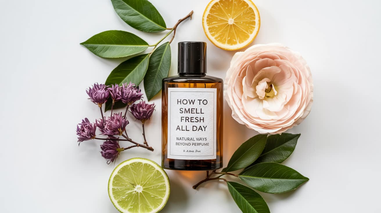 A brown bottle labeled How to Smell Fresh All Day is surrounded by green leaves, a pink flower, purple blossoms, and halved lemon and lime&mdash;highlighting natural ways to smell fresh on a crisp white background.