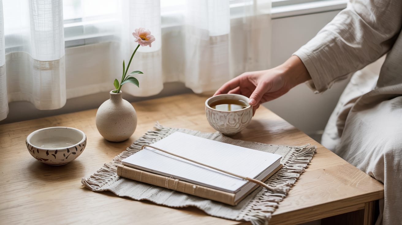 A person&rsquo;s hand reaches for a cup of tea on a wooden table beside a notebook, a small bowl, and a vase with a single pink flower&mdash;an inviting scene near a sunlit window that hints at redefining happiness in simple moments.