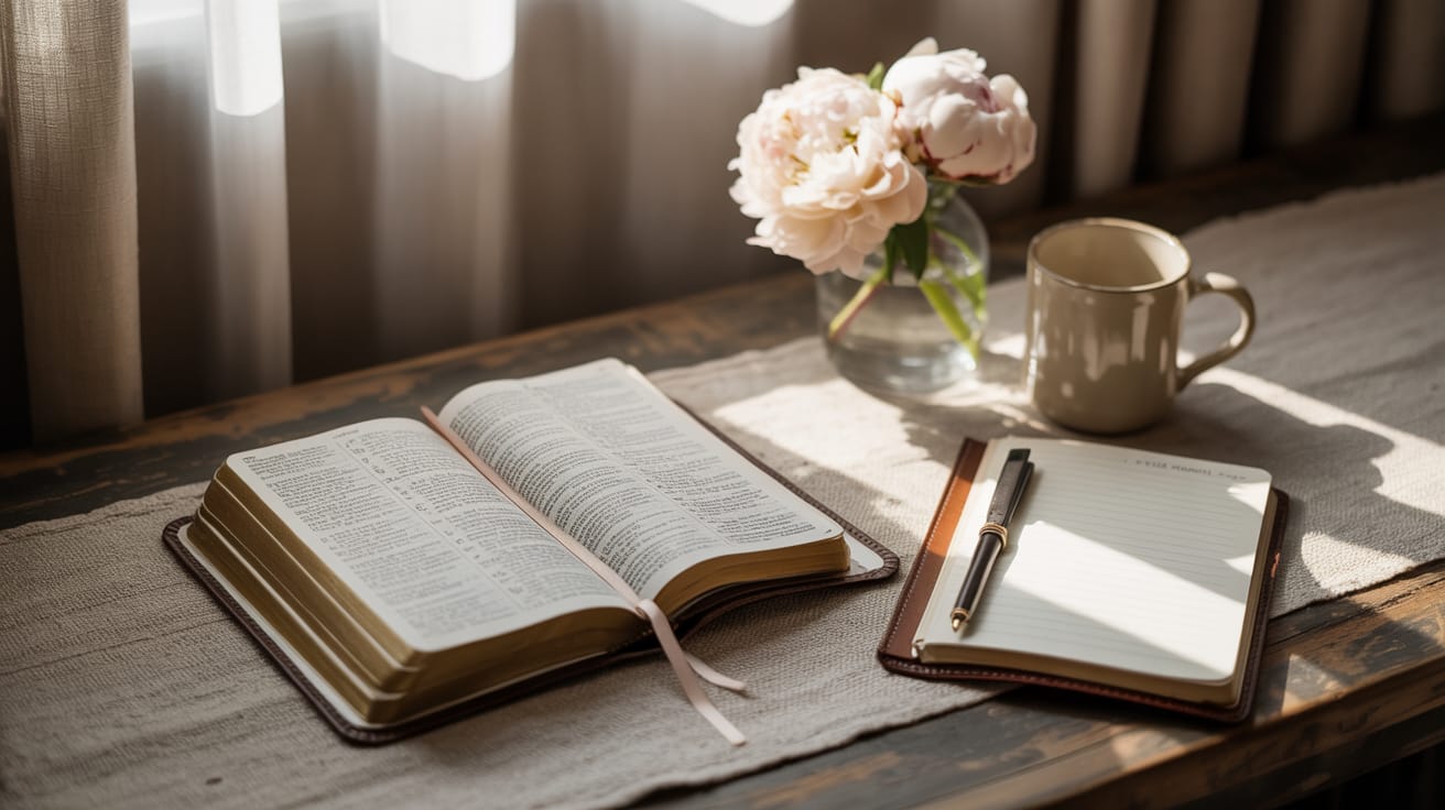 An open Bible, a notebook with a pen, a mug, and a vase of light pink flowers are arranged on a wooden table with sunlight streaming through nearby curtains, perfect for reflection or jotting down bible-based prayer examples.