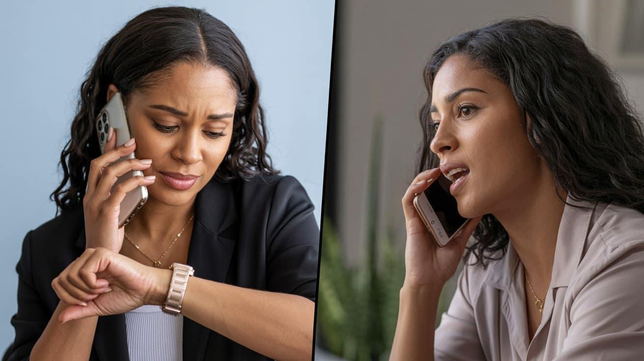 A professional side-by-side, split-screen scene of a gorgeous, dark-skinned Black woman glaring at her watch while listening on an iphone, and a split screen of another woman yapping to her on the phone. both women are minorities and in casual clothing