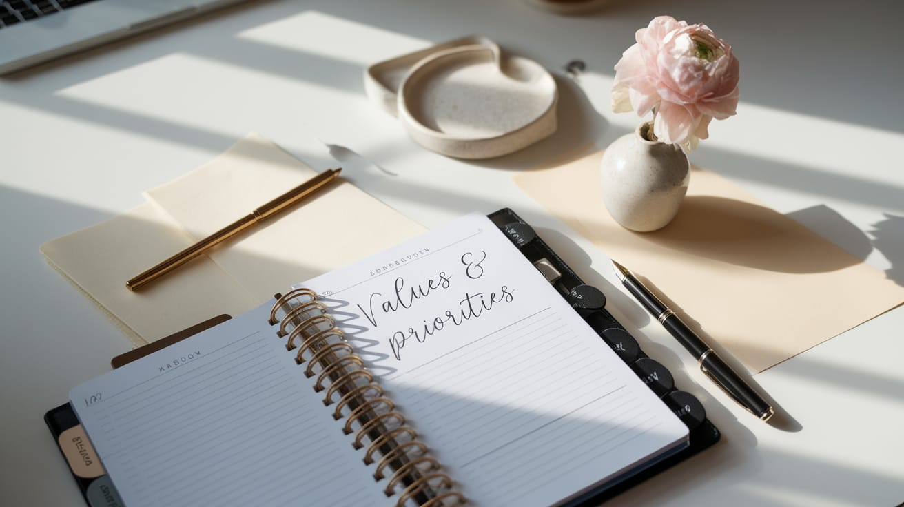 An organized workspace featuring a clean desk with minimal items: a sleek planner opened to a page with 'Values & Priorities' written in elegant script, a single bloom in a small ceramic vase, and a fountain pen resting on cream paper. Soft morning light creates gentle shadows, highlighting the intentional simplicity and order that supports focused reassessment.