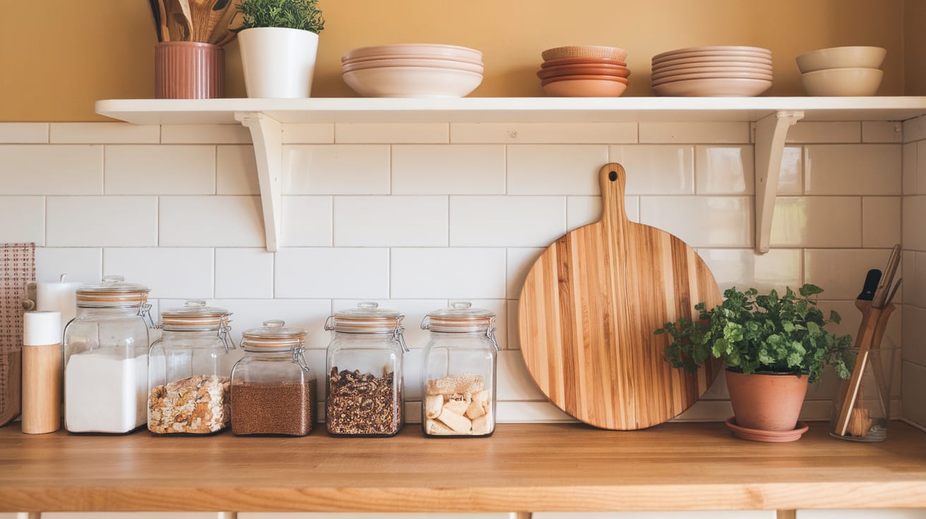 A beautifully organized kitchen counter featuring glass jars of pantry staples, a wooden cutting board, and a small potted herb. Everything has its place, with clean lines and breathing room between objects. The warm neutral palette and thoughtful arrangement embody the principles of reorganization that support daily alignment with values.