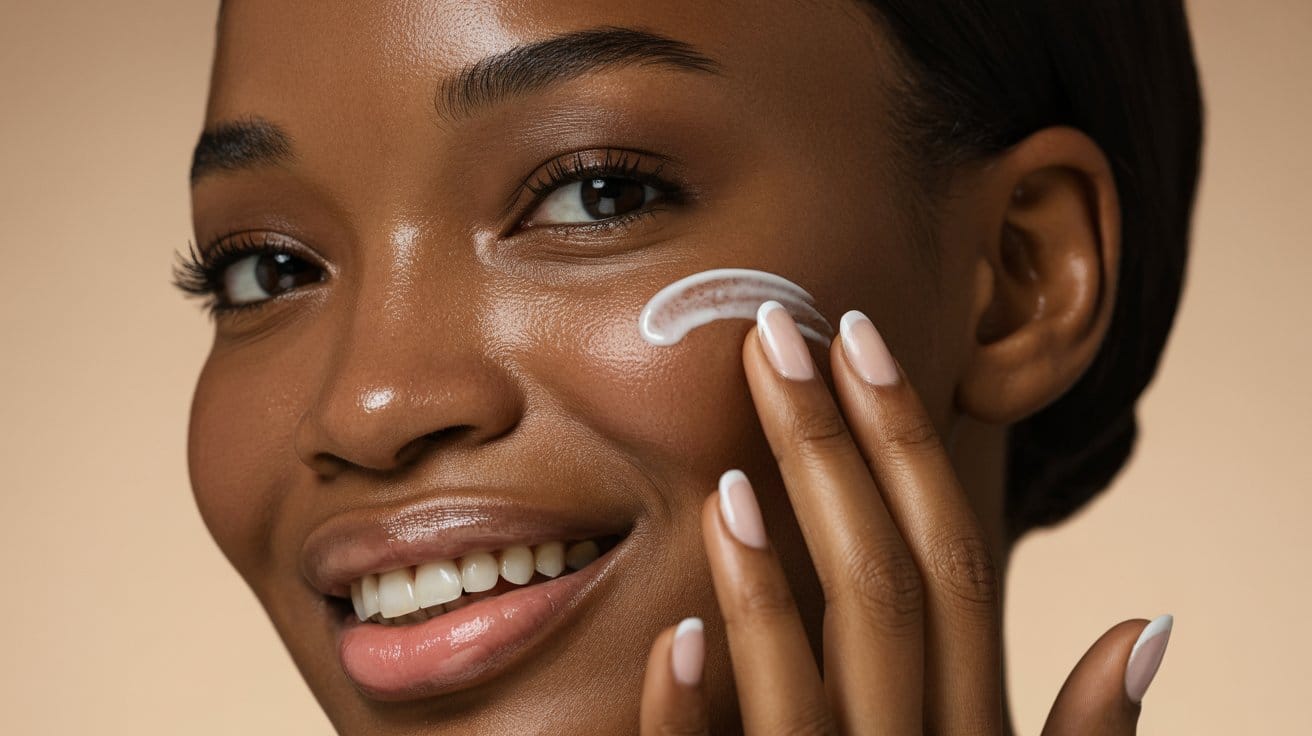 A woman with smooth skin smiles while applying a swipe of white cream to her cheek, embracing identity-based beauty with neatly manicured nails and an even complexion against a neutral background.