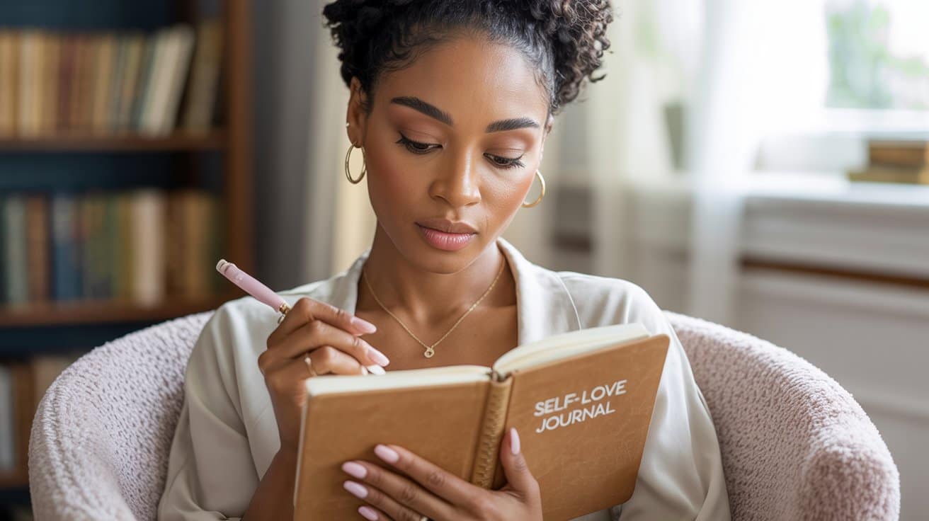 A woman sits in a cozy chair, writing in a brown “Self-Love Journal” with a pink pen. She looks focused and relaxed, embracing identity-based beauty, with bookshelves and sunlight in the background.