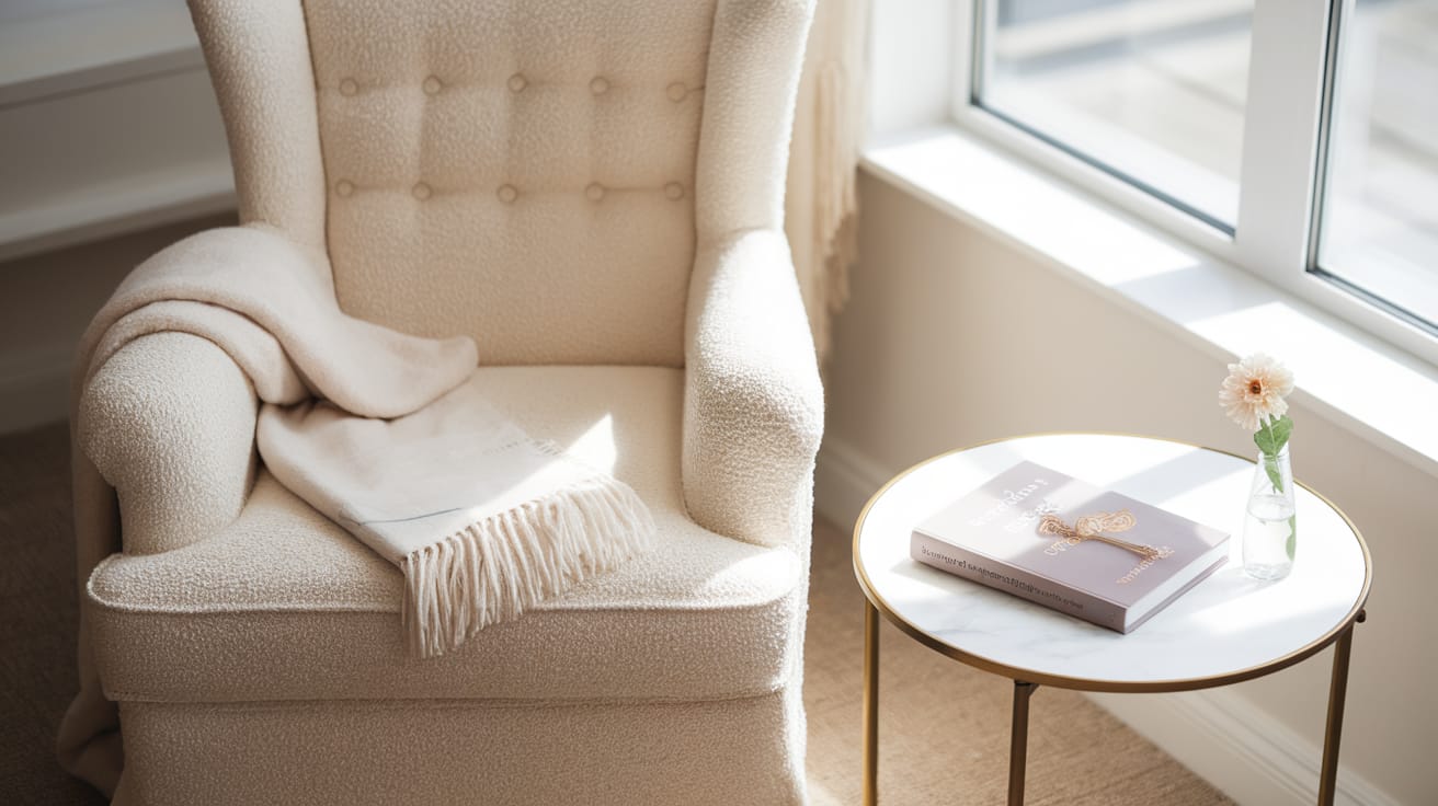 A cozy reading nook with a plush cream-colored armchair positioned beside a window with natural light streaming in. A soft throw blanket is draped over one arm, and a small side table holds a book on mindfulness, a delicate gold bookmark, and a small vase with a single fresh flower. The peaceful corner invites pause and reflection.
