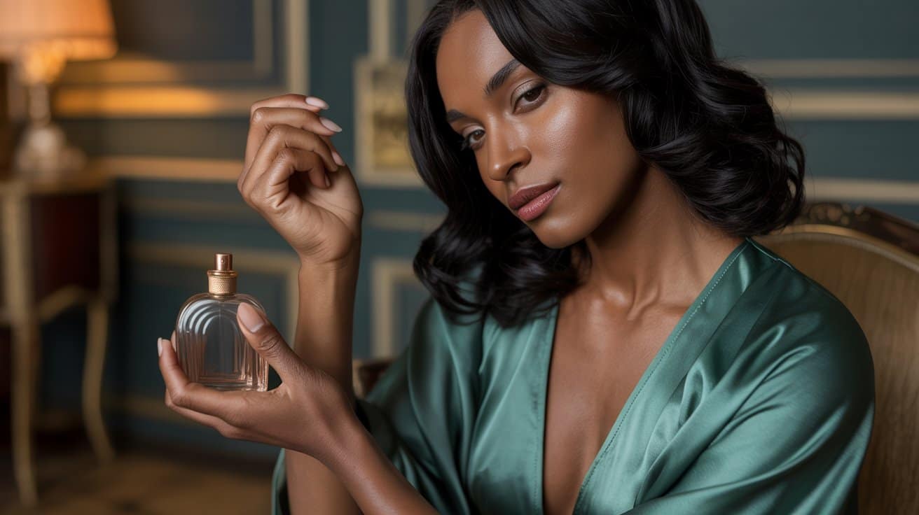 A woman in a silky green robe holds a perfume bottle and gently applies her signature scent to her wrist, embracing the subtle psychology of fragrance in an elegant, softly lit room with ornate decor.