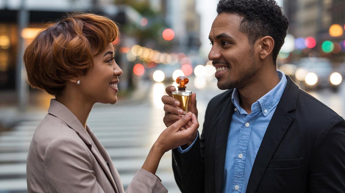 A smiling woman holds a small perfume bottle in front of a man as they stand at a city crosswalk in the evening, surrounded by blurred lights - a sweet moment that hints at the allure of signature scent psychology.