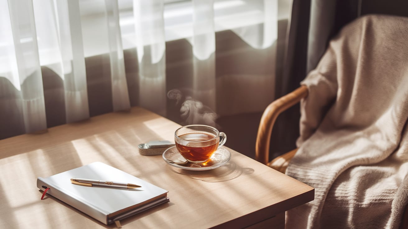 Picture This: A serene morning scene with soft natural light streaming through sheer curtains onto a wooden desk with a journal, elegant pen, and steaming cup of tea. A comfortable chair draped with a soft neutral throw blanket sits nearby. The scene evokes a sense of intentional pause and reflection&mdash;the perfect setting for beginning a life realignment practice.