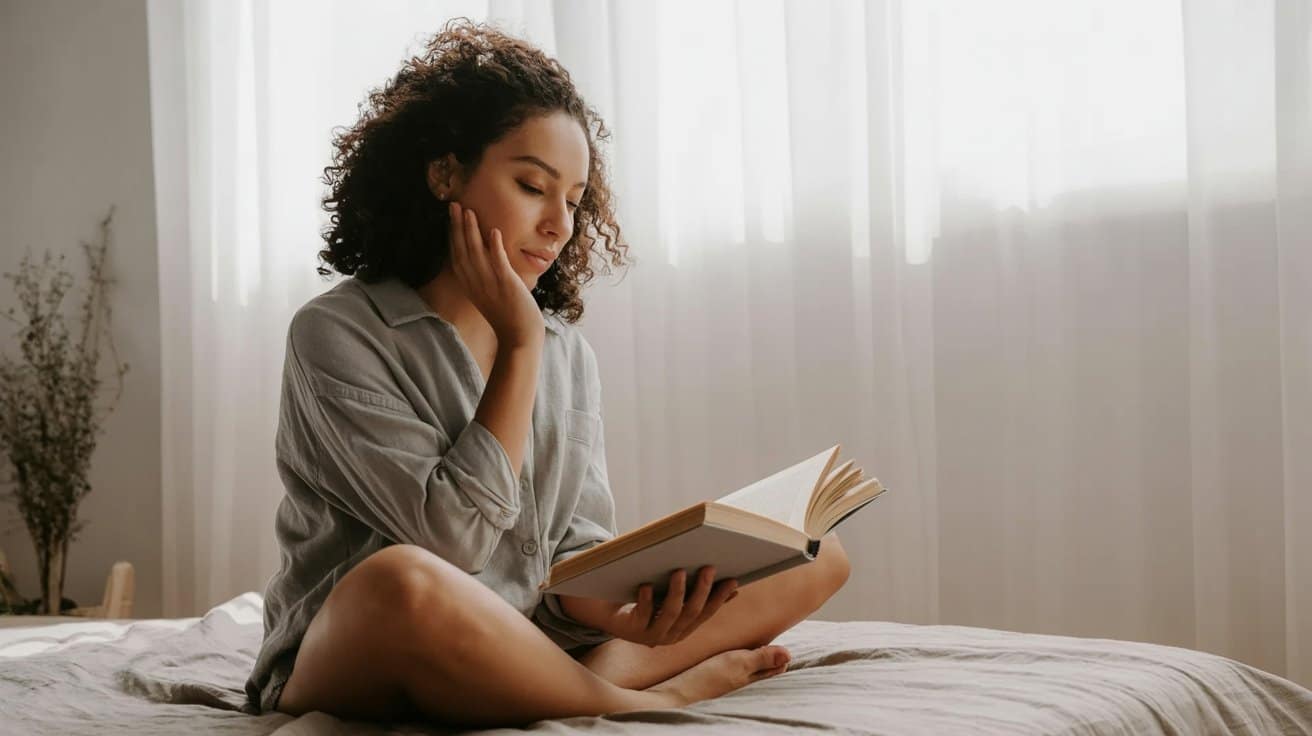 A young woman with curly hair sits cross-legged on a bed, wearing a light shirt, and reads a book thoughtfully, embracing mindful transformation. Soft daylight filters through sheer white curtains in the background.