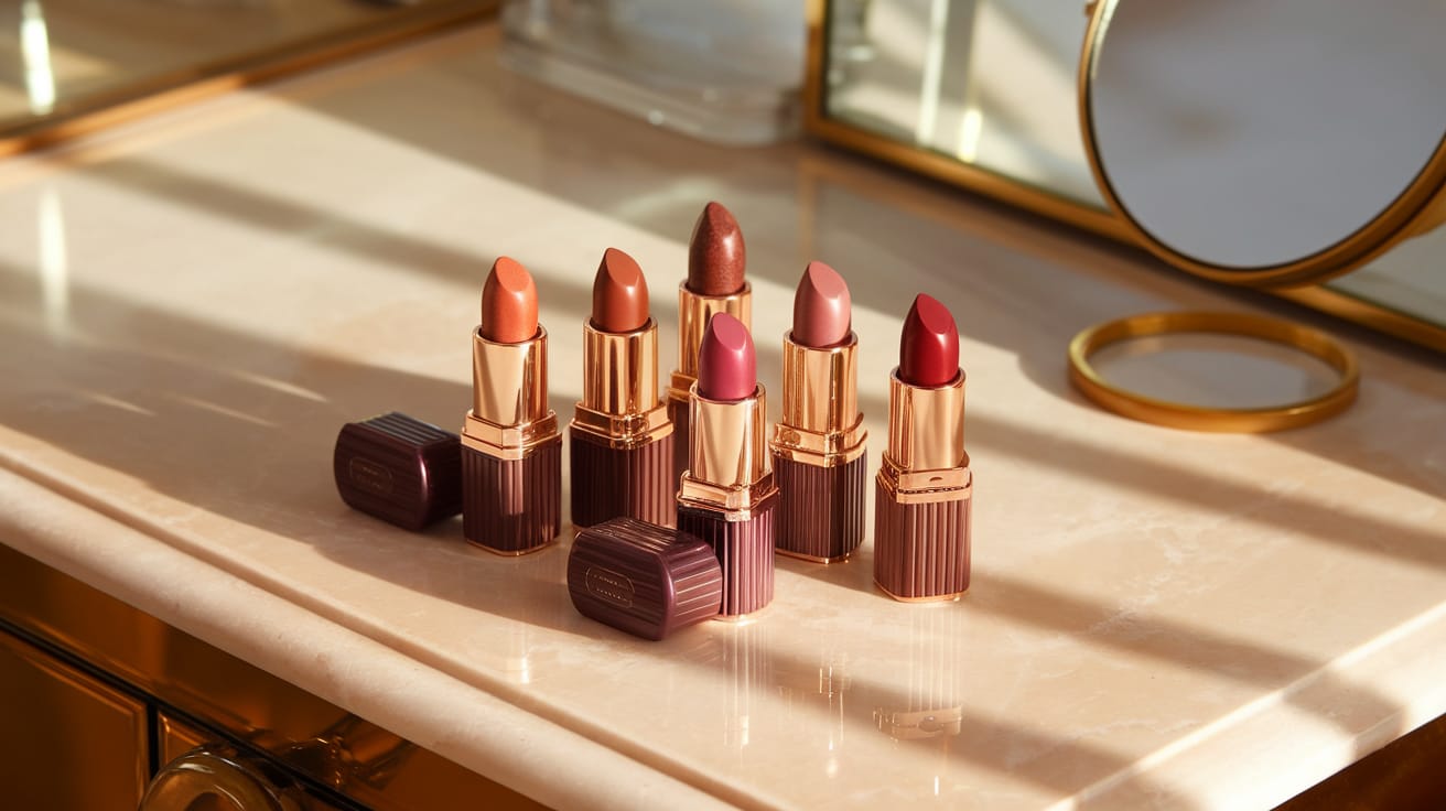 Picture This: A closeup of a luxurious vanity with several elegant lipstick tubes in varying shades of brown, mauve, and terracotta arranged on a cream-colored marble surface. Natural morning light creates soft shadows, with a small gold mirror reflecting the warm tones. The composition suggests refined beauty with minimalist styling.