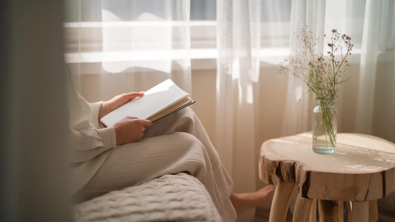 A person sitting peacefully by a window with a journal in their lap, soft morning light streaming in through sheer curtains. The scene has a calm, reflective quality with neutral tones of cream and soft blue. A small vase with delicate wildflowers sits nearby on a natural wood side table, symbolizing growth and beauty emerging from simplicity.