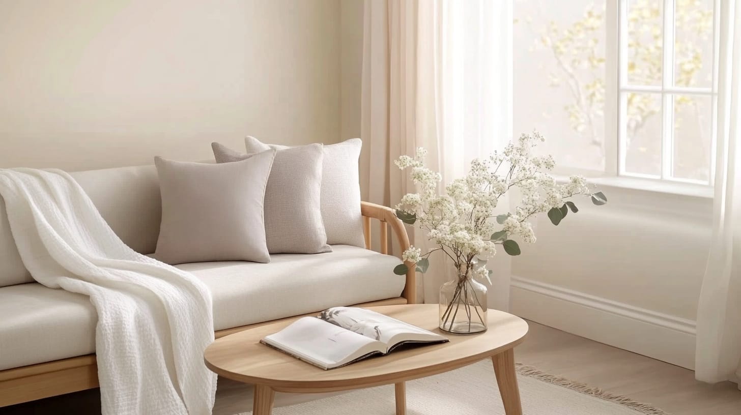 Minimalist living room with light wooden framed sofa, cream cushions, white throw blanket, and round coffee table holding open book and vase of delicate flowers by large window.
