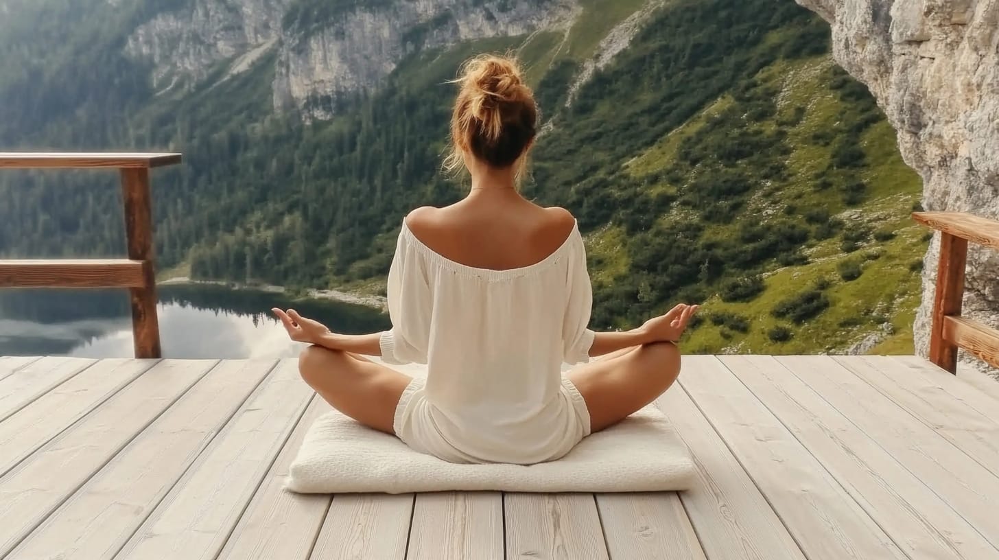 A woman meditating in lotus position on a wooden deck overlooking majestic mountains and a tranquil lake. She wears a flowing white off-shoulder top with her hair in a casual updo. The serene natural backdrop of dramatic cliffs and lush mountainsides embodies mindful presence, intentional living, and wellness rituals.