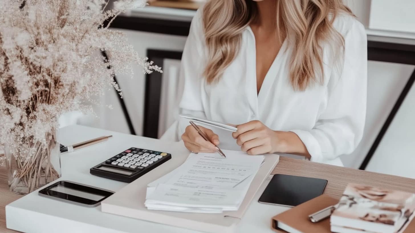 A woman in a crisp white blouse sits at an organized desk with dried florals in soft neutral tones. She's writing in a planner beside a calculator, smartphone, and leather-bound notebook. The aesthetic embodies intentional productivity and elegant organization for financial wellness and mindful planning in a serene, minimalist workspace.