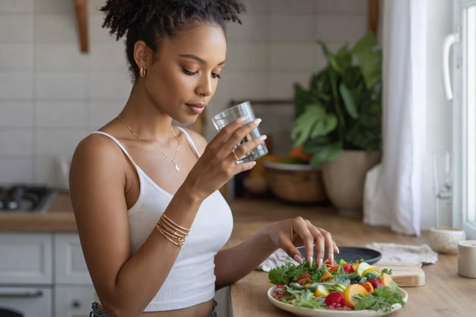 A woman in a white tank top stands in a sunlit kitchen, holding a glass of water and picking up greens from a colorful salad, embracing beauty from the inside out near a window with sunlight streaming in.
