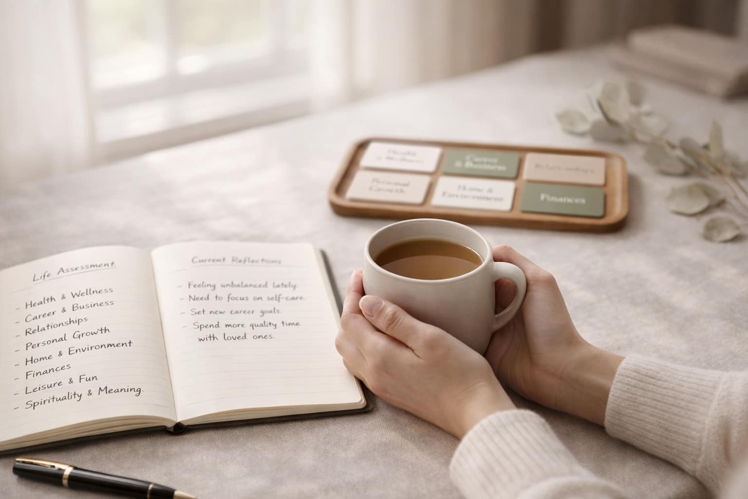 A person holds a cup of coffee at a table with an open journal listing life assessment areas and reflections, using a life realignment framework. Nearby is a tray with cards labeled wellness, finances, growth, and relationships.