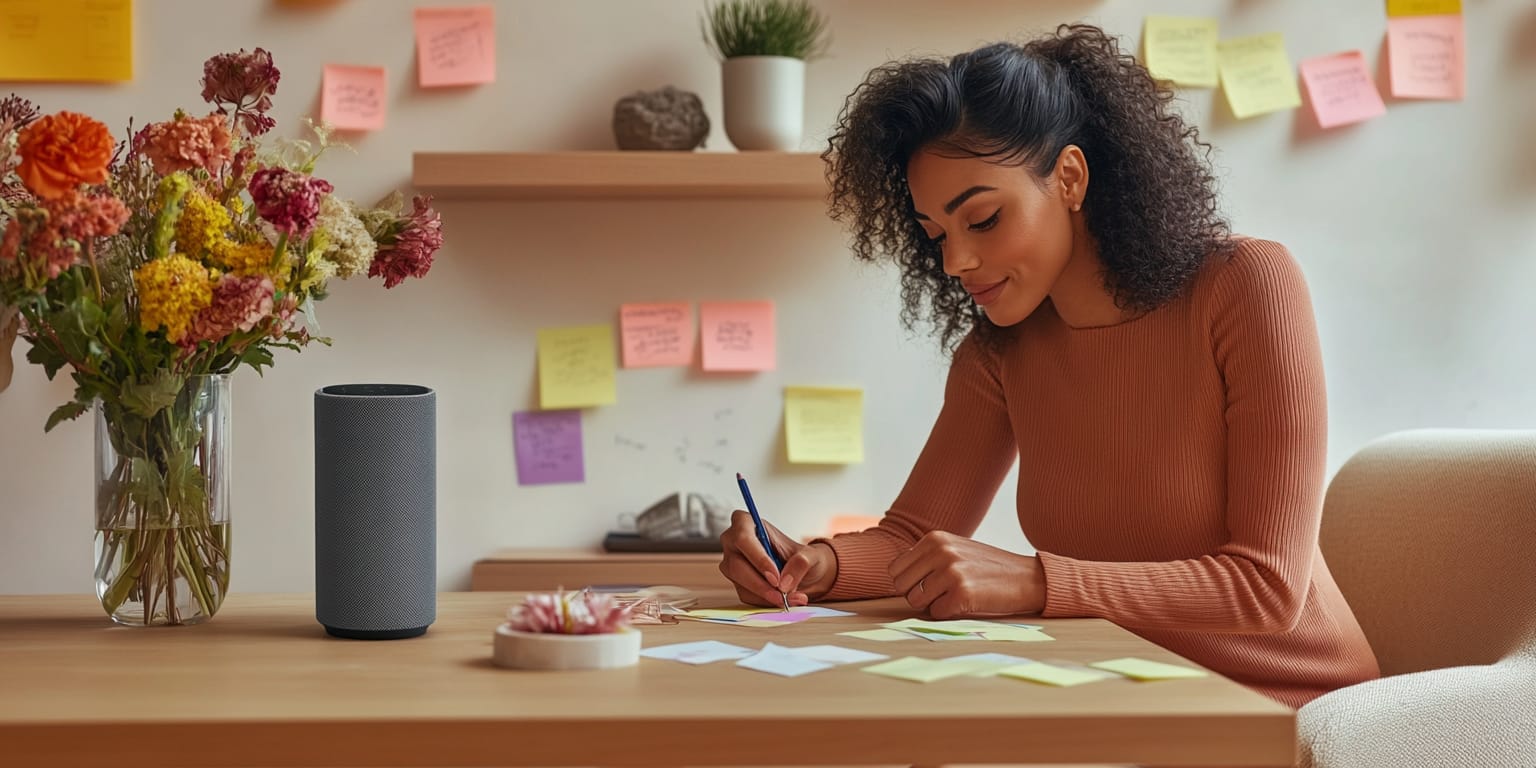 A woman with curly hair in a terracotta ribbed sweater writes positive affirmations on colorful sticky notes beside a smart speaker. Vibrant dried flowers in a glass vase bring natural energy to her workspace, while a wall of posted affirmations creates an inspiring backdrop. This modern manifestation practice combines traditional writing with voice-activated technology, showcasing an innovative approach to recording personal aspirations and inviting abundance.