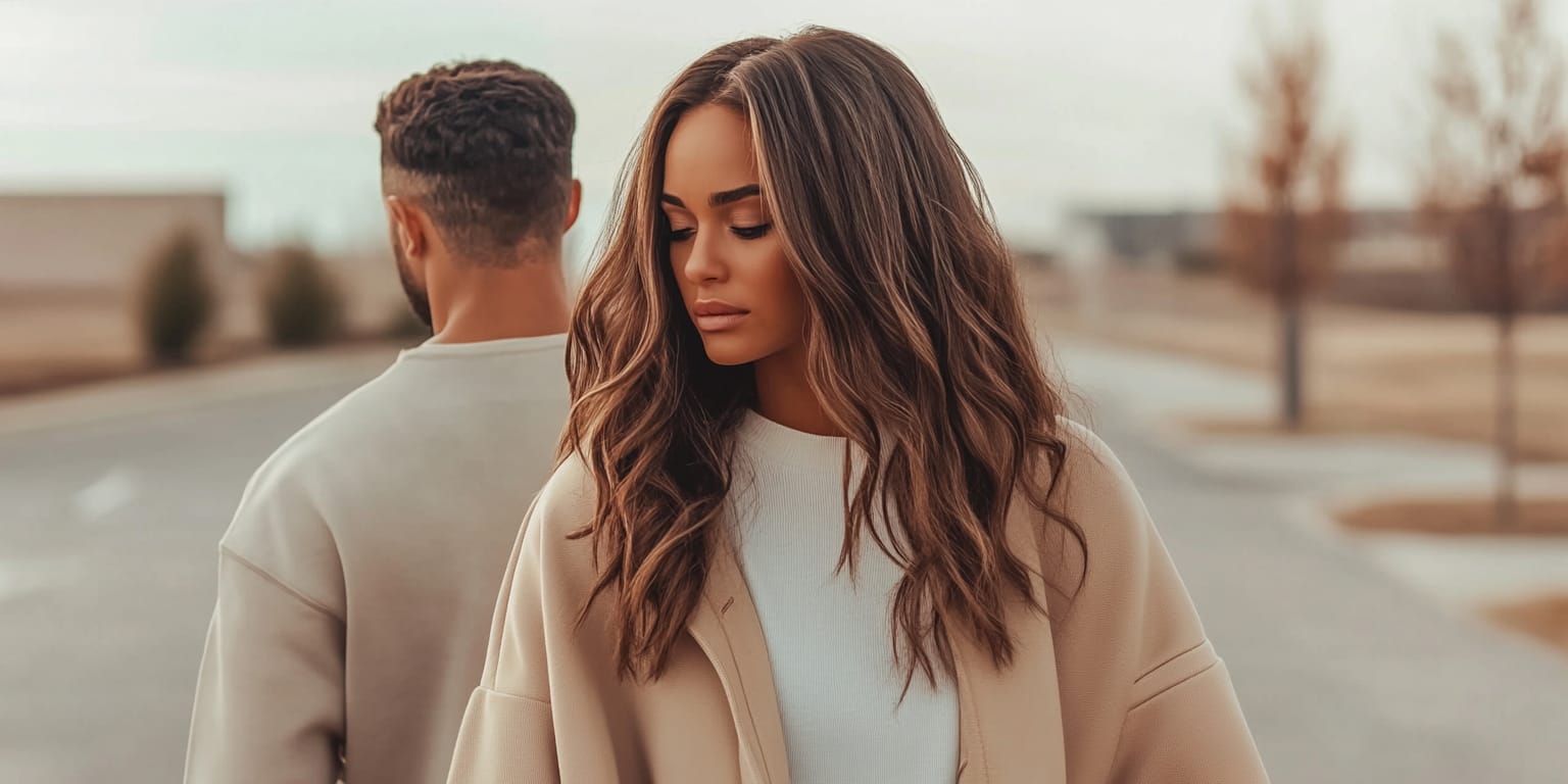 A woman with long wavy hair in a neutral-toned coat stands on a road, contemplating personal growth as she looks down. A man in similar attire walks away, symbolizing the act of letting go of ego. The background is slightly blurred, highlighting the paved road and trees.
