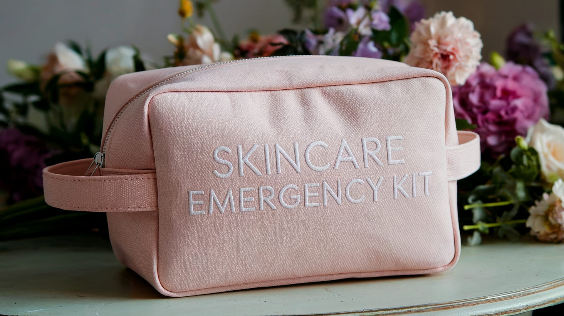 A pink zippered pouch labeled Skincare Emergency Kit sits on a table, surrounded by assorted colorful flowers in the background—ready to deliver essential skincare solutions anytime.