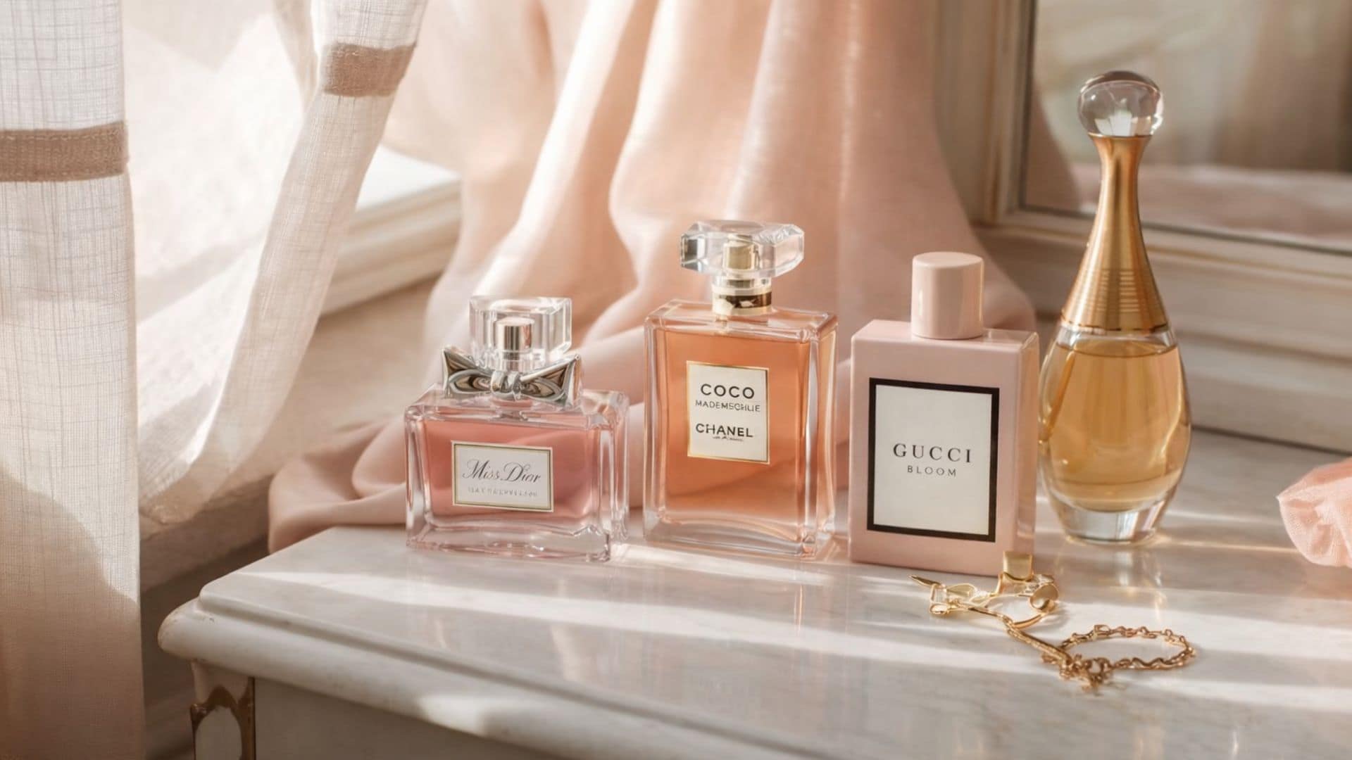 Four perfume bottles&mdash;Miss Dior, Chanel Coco Mademoiselle, Gucci Bloom, and Dior J&rsquo;adore&mdash;are arranged on a marble vanity beside a gold bracelet, capturing the essence of signature scent psychology in soft natural light through pink curtains.