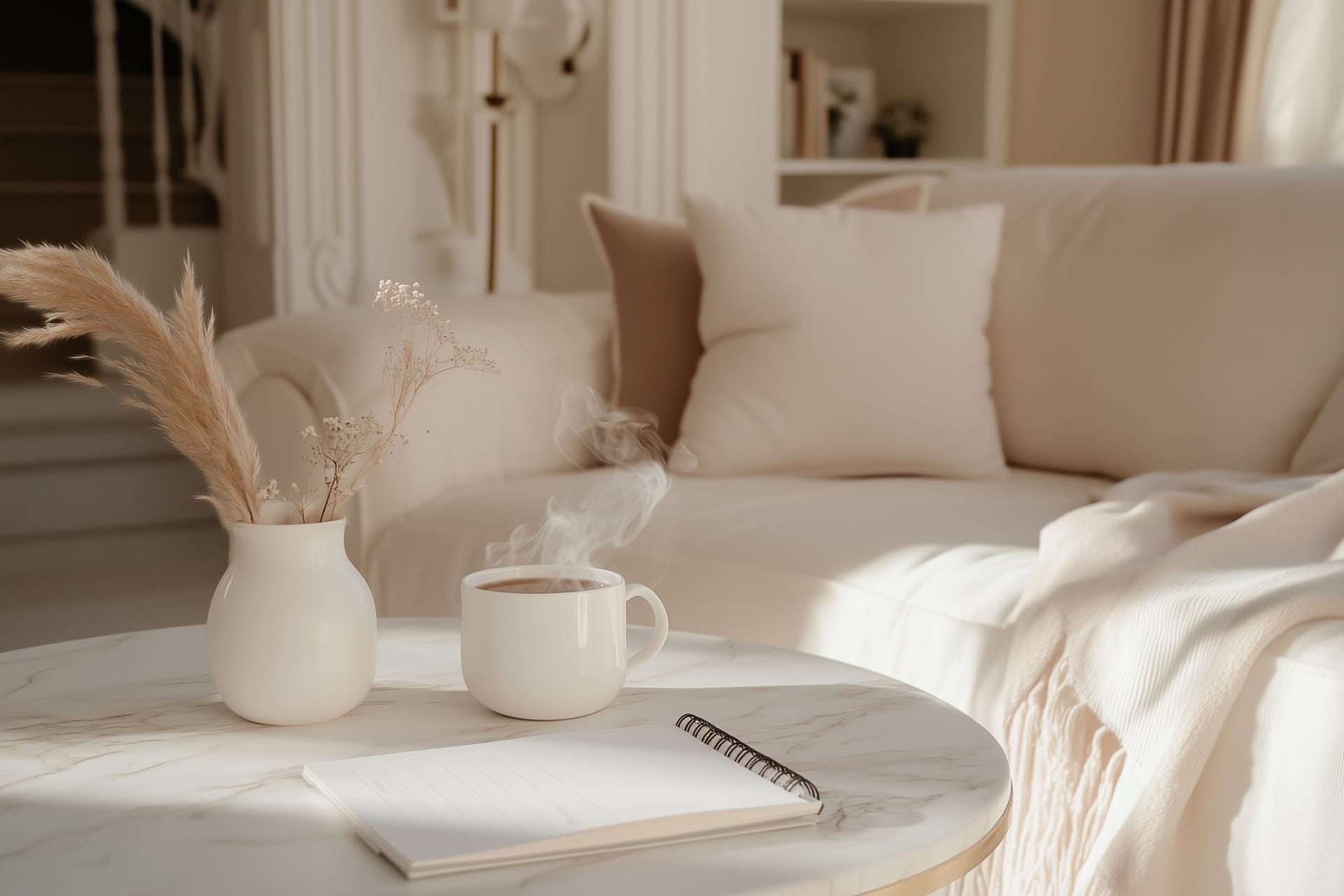 A cozy living room with a white sofa, beige pillows, and a soft blanket. On a marble coffee table are a steaming mug, a Sunday Reset Checklist in an open notebook, and a vase of dried flowers, all bathed in warm sunlight.