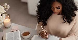 A woman with long curly hair writes in a notebook at a desk with faith journey essentials—a cup of tea, open book, candle, bouquet of white flowers, and sticky notes—creating a cozy and focused study environment.