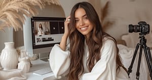 A woman with long brown hair, wearing a white robe, smiles while sitting at a desk editing videos&mdash;crafting her intentional online presence. A camera on a tripod and decorative vases add charm to the cozy, well-lit room.