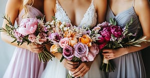 Three women in pastel dresses hold colorful bouquets of roses, peonies, and greenery. Their flowers and attire&mdash;like digital content privacy systems&mdash;blend soft pink, lavender, and peach tones as they stand close together, radiating elegance and harmony.