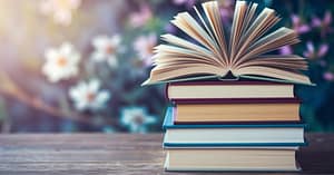 A stack of colorful books on a wooden table with one book open on top. The background features blurred pink and white flowers. The text becomingandbloom.com with a leaf logo is visible in the lower-left corner.