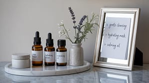 A marble tray holds amber skincare bottles, a white jar, and a small vase with lavender and white flowers. A framed sign beside them lists “gentle cleansing, hydrating mask, calming oil” in handwritten text.