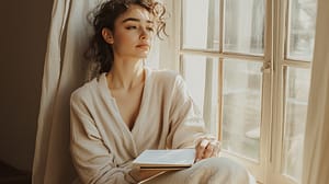 A woman in a light robe sits by a window holding a notebook, gazing thoughtfully outside as soft natural light illuminates her face&mdash;reflecting on rest vs hustle culture and the balance it brings to her life.
