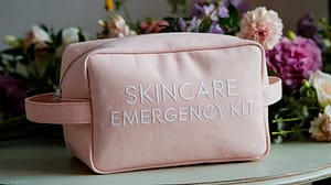 A pink zippered pouch labeled Skincare Emergency Kit sits on a table, surrounded by assorted colorful flowers in the background&mdash;ready to deliver essential skincare solutions anytime.